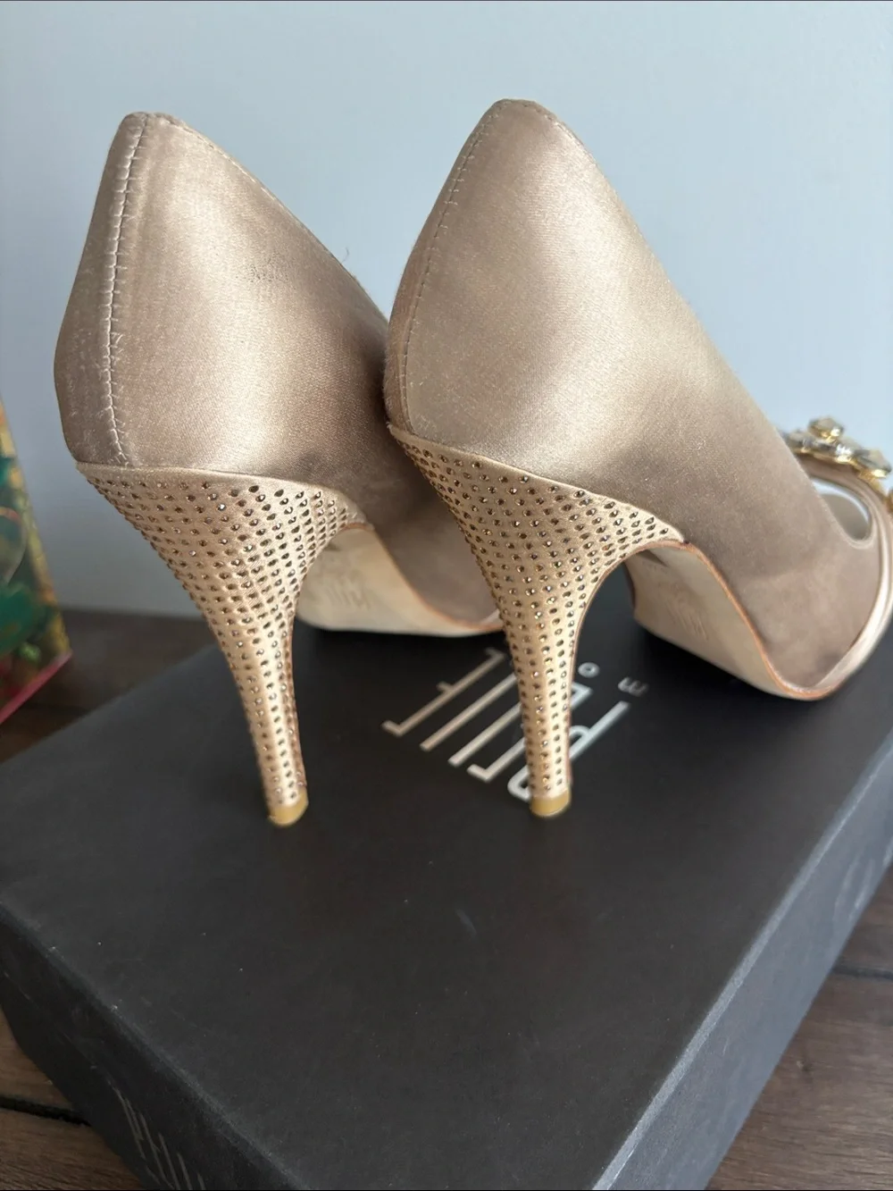 Pelle Moda Champagne Satin Peep-Toe Heels with Crystal Embellishment